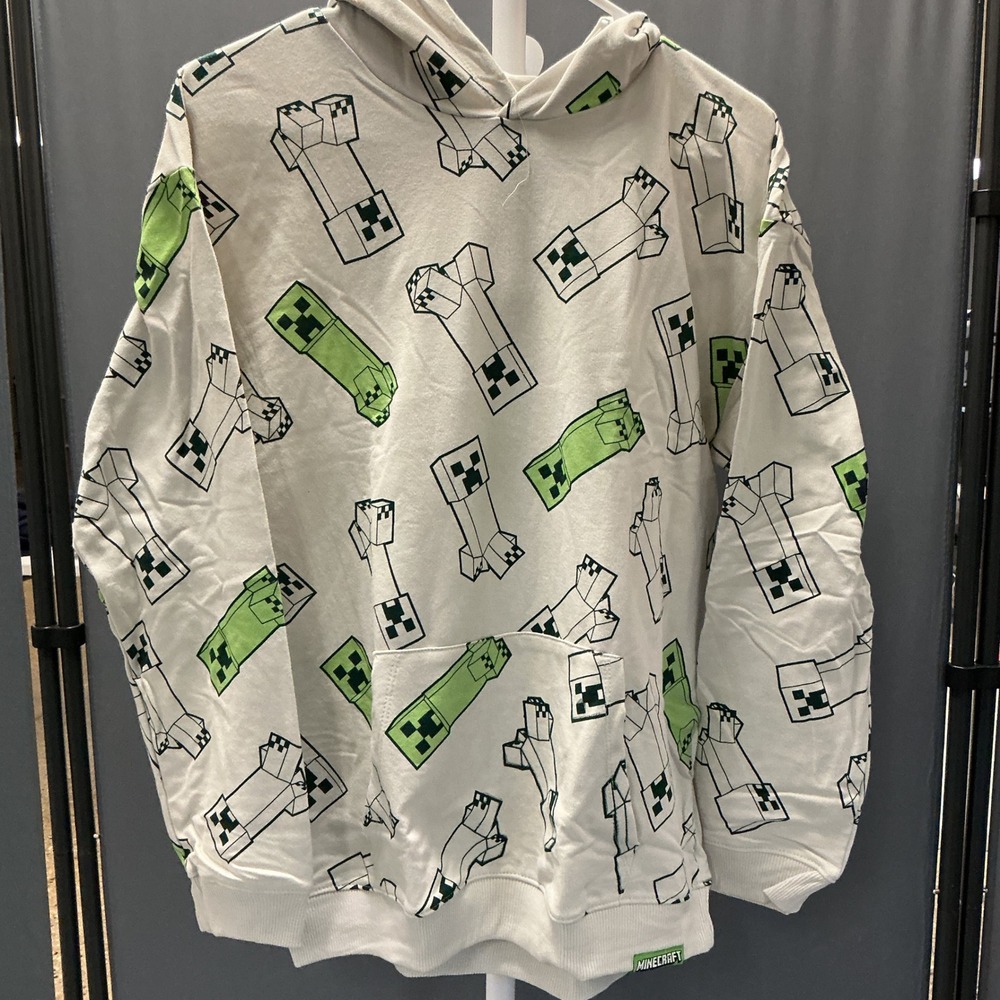 Kids Minecraft Creeper All Over Print Hoodie‎ Sweatshirt XXL White Green
